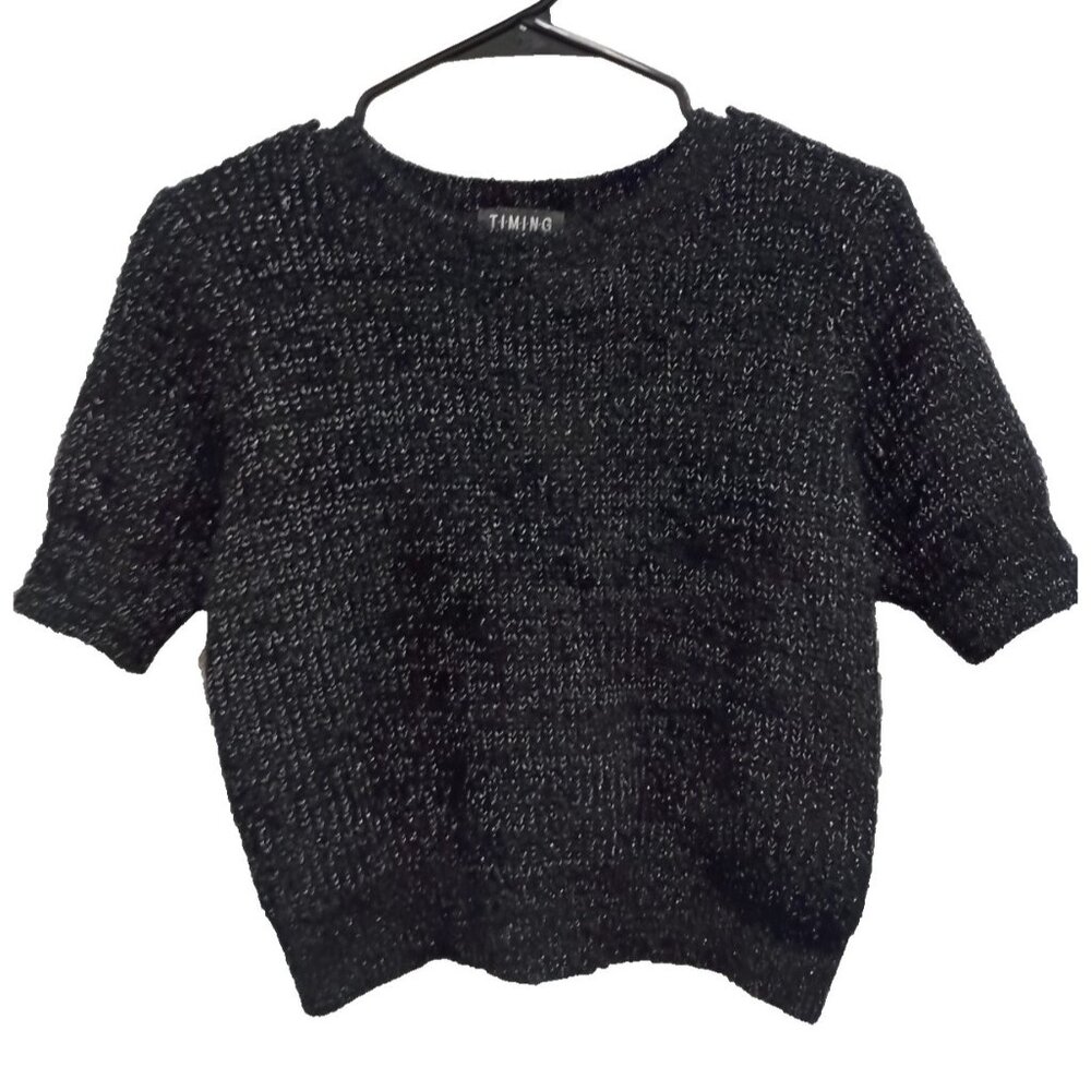 Y2K Timing Crop Sweater Womens Large Black Metallic Short‎ Sleeve Gothic Holiday